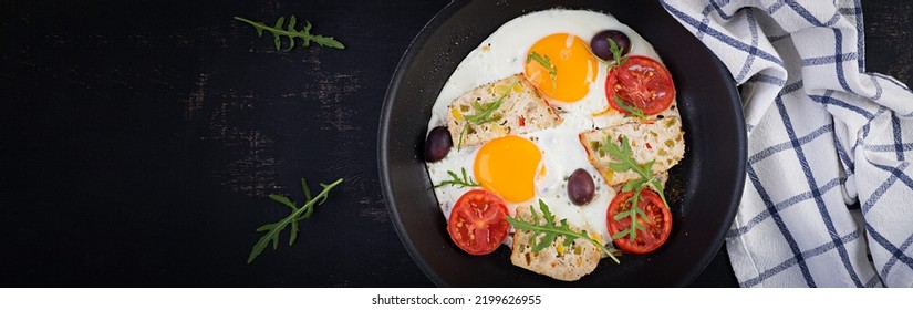 Fried Egg, Meatloaf, And Tomatoes. Keto, Paleo Breakfast. Top View, Banner