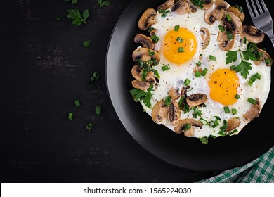 Fried Egg, Mushrooms And Spinach. Keto, Paleo Breakfast. Top View, Copy Space