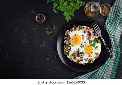 Fried Egg, Mushrooms And Spinach. Keto, Paleo Breakfast. Top View, Copy Space