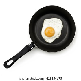 Fried Egg On A Pan Isolated On White With Shadow. Top View