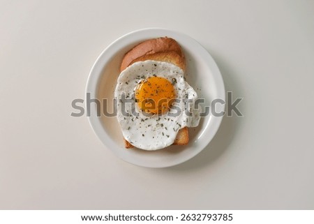 Fried egg on toasted bread, seasoned with salt, pepper and parsley. Sunny side up. Served in a round plate.