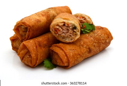 Fried Egg Rolls Or Spring Rolls Isolated On A White Background