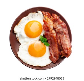 Fried eggs with fried bacon in plate on white backgrunds - Powered by Shutterstock