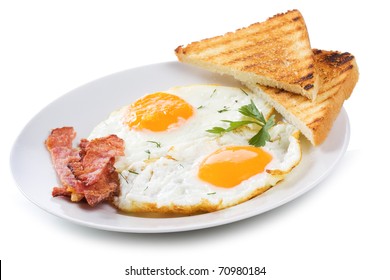 Fried Eggs With  Bacon And Toasts On White Background
