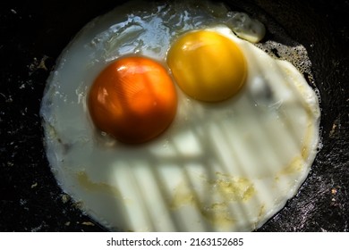 Fried eggs from two eggs with yellow and orange yolk closeup. Comparison of two yolks, which yolk is healthier. The shape and color of the yolks of chicken eggs. Fried eggs on the frying pan.