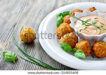 Fried falafels with a dip on wooden background Stock photo © 