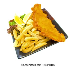 Fried Fish And Chips Over White Background