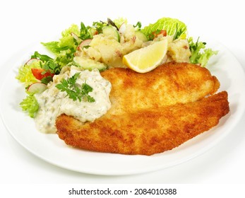 Fried Fish Fillet With Potato Salad On White Background - Isolated.