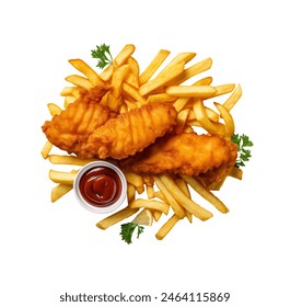 fried fish fillets with French fries and ketchup on a round white plate, isolated top view - Powered by Shutterstock