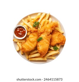 fried fish fillets with French fries and ketchup on a round white plate, isolated top view - Powered by Shutterstock