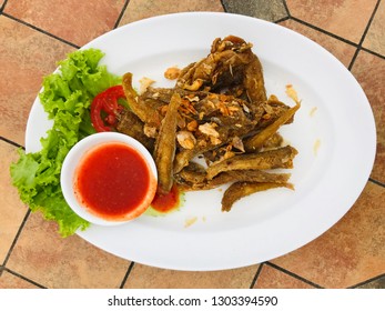 fried fish, focus food on the disc in restaurant atmosphere, food business, food safety and food for life concept