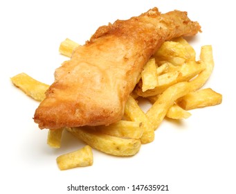 Fried fish on top of chunky chips.
