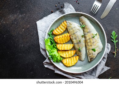 Fried Fish And Potatoes Pike Perch Fish Fresh Seafood Food Organic Products Meal Snack Copy Space Food Background Rustic. Top View Keto Or Paleo Diet Vegetarian Food Pescetarian Diet