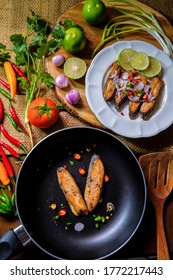 Fried Fish And Preparation With Ingredient, Thai Food Home Cooking, Seafood Cooking, Vertical Flatlay