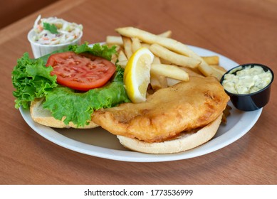 Fried Fish Sandwich With Fries Chip Coleslaw
