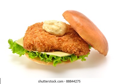 Fried Fish Sandwich On White Background