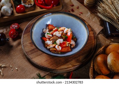 Fried Fish, Shrimp And Roasted Peppers. Top View.