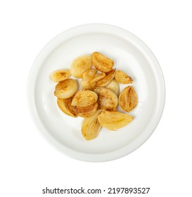 Fried Garlic Cloves Pile Closeup Isolated. Roasted Grilled Garlic Clove Group On White Background Top View