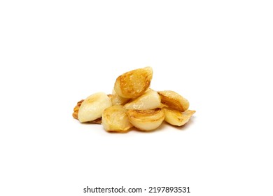 Fried Garlic Cloves Pile Closeup Isolated. Roasted Grilled Garlic Clove Group On White Background Side View