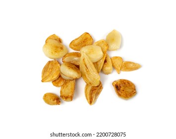 Fried Garlic Cloves Pile Closeup Isolated. Roasted Grilled Garlic Clove Group On White Background Top View