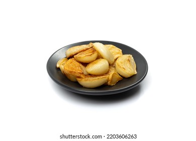 Fried Garlic Cloves Pile Closeup Isolated. Roasted Grilled Garlic Clove Group On White Background Side View