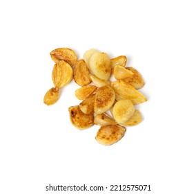 Fried Garlic Cloves Pile Closeup Isolated. Roasted Grilled Garlic Clove Group On White Background Top View