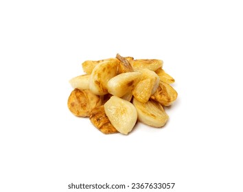 Fried garlic cloves pile closeup isolated. Roasted grilled garlic clove group on white background top view - Powered by Shutterstock