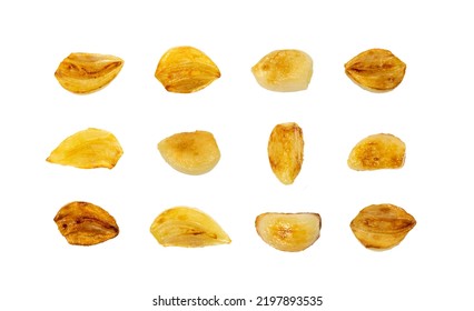 Fried Garlic Cloves Set Isolated With Clipping Path. Roasted Grilled Garlic Clove Collection On White Background Top View