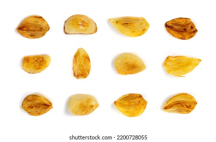 Fried Garlic Cloves Set Isolated With Clipping Path. Roasted Grilled Garlic Clove Collection On White Background Top View