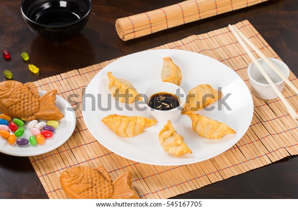 Fried Gyoza Saice On Bamboo Mat Stock Photo Edit Now 545167705