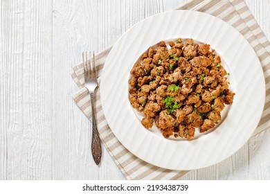 Fried Italian Sausage Of Freshly Ground Pork Meat And Spices On White Plate On White Wooden Textured Table, Horizontal View From Above, Flat Lay, Free Space