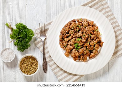 Fried Italian Sausage Of Freshly Ground Pork Meat And Spices On White Plate On White Wooden Textured Table, Horizontal View From Above, Flat Lay