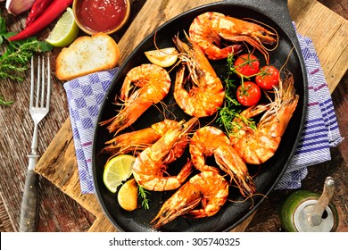 Fried King Prawns On Iron Pan