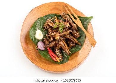 Fried Locust,Thai Insects On A White Background.