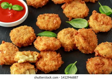 Fried Mac, Macaroni And Cheese Bites In Breadcrumbs With Ketchup Sauce