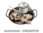 Fried Marshmallow on the sticks with Cup of coffee. Isolated on white background. Top view