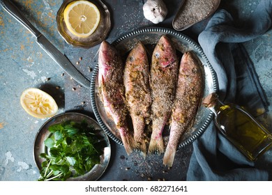 Fried Mullet In Breaded On A Tin Plate