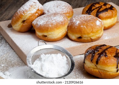 Fried In Oil Berlin Donuts With Stuffing, Dessert Of Delicious And Sweet Donuts With Stuffing