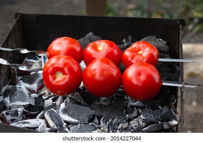 Fried On Barbecue Fresh Tomatoes On Sticks As Ingredients For Armenian Salad Khorovats