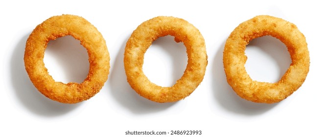 fried onion rings isolated on white background, top view