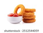 Fried onion rings with mozzarella or plain. Delicious onion rings on white background