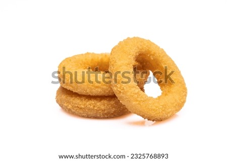 Fried onion rings on white background