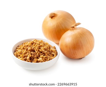 Fried onions and onions on white background. Crispy fried onions. 
