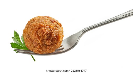 fried organic falafel ball on fork isolated on white background, halafel - Shutterstock ID 2126064797