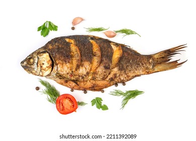 Fried Or Oven Baked Whole Fish Isolated On White Background.