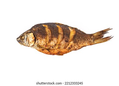 Fried Or Oven Baked Whole Fish Isolated On White Background.