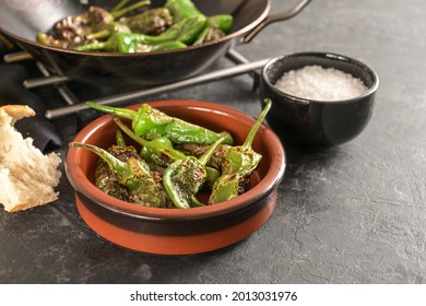 Fried peppers de padron or green pimientos in a traditional Spanish tapa bowl on a dark gray slate background, copy space, selected focus, narrow depth of field