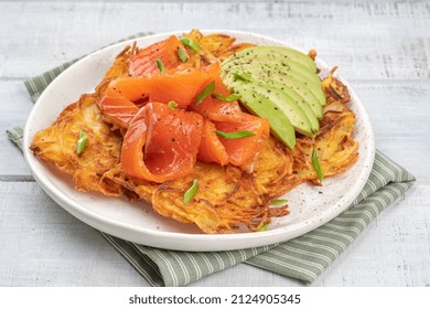 Fried Potato Pancakes With Salmon And Sour Cream, Fritter, Roesti, Golden Crispy Crust. Traditional Delicious Food, Breakfast