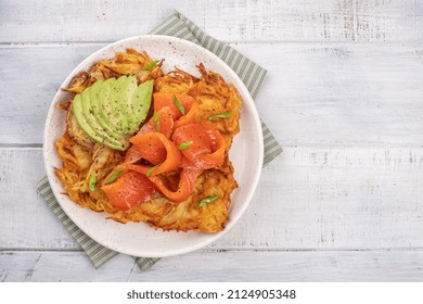 Fried Potato Pancakes With Salmon And Sour Cream, Fritter, Roesti, Golden Crispy Crust. Traditional Delicious Food, Breakfast