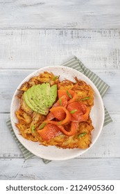 Fried Potato Pancakes With Salmon And Sour Cream, Fritter, Roesti, Golden Crispy Crust. Traditional Delicious Food, Breakfast